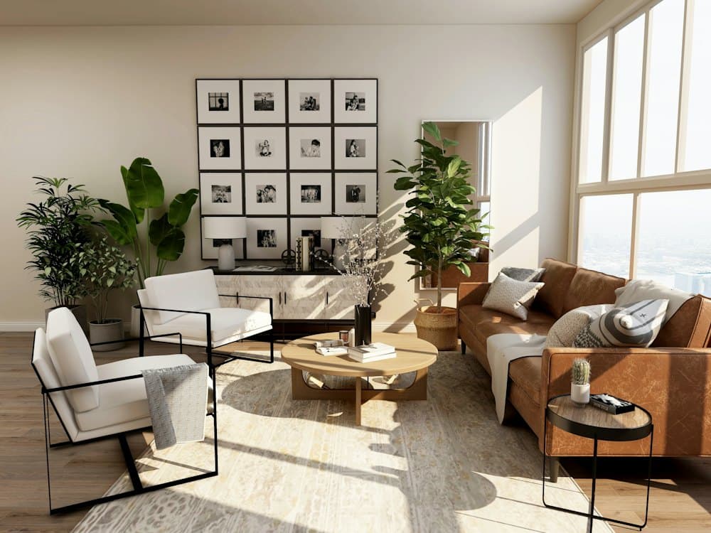 Sunlit lounge with leather sofa and indoor plants