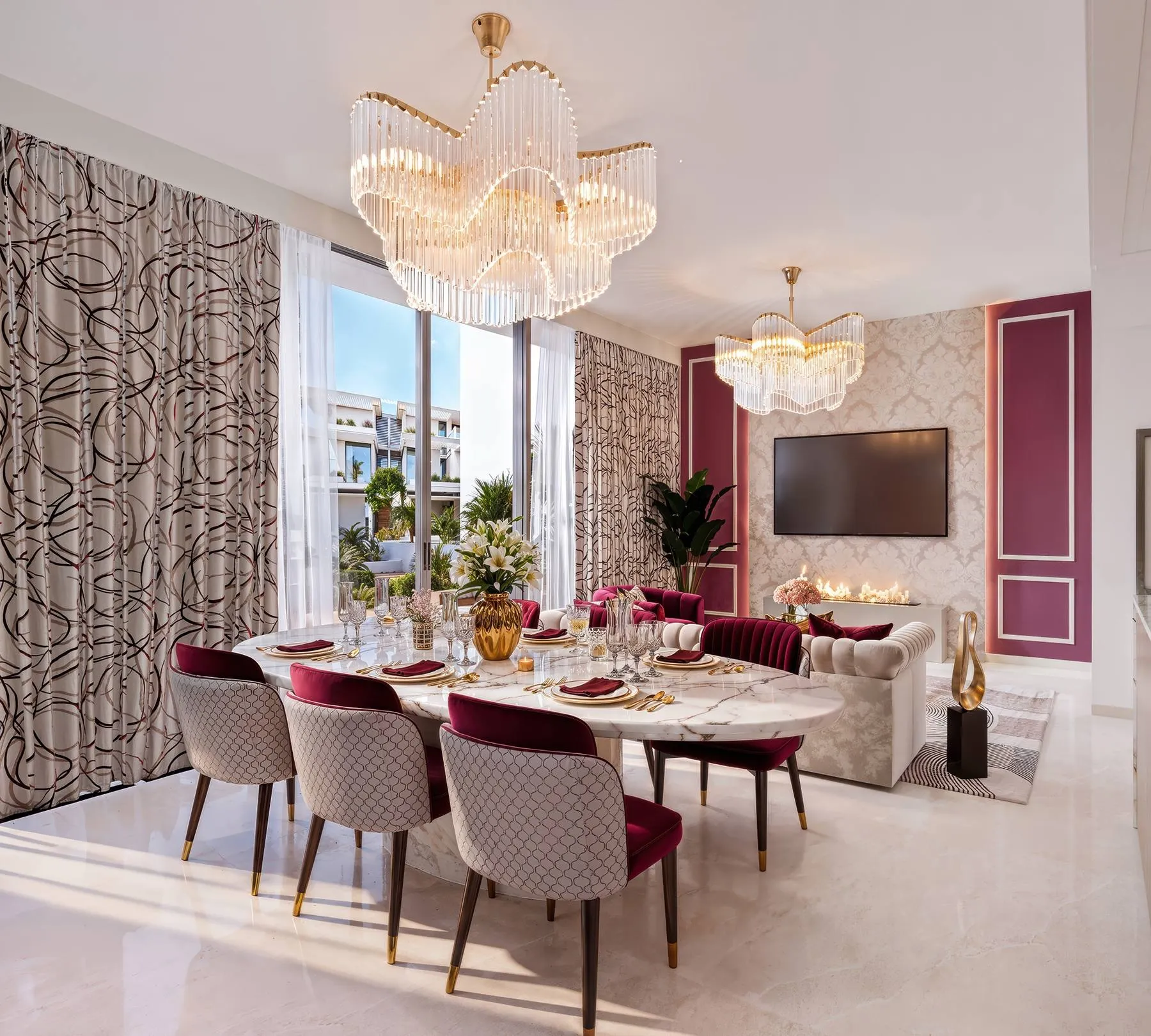 Townhouse living and dining room with crystal chandeliers