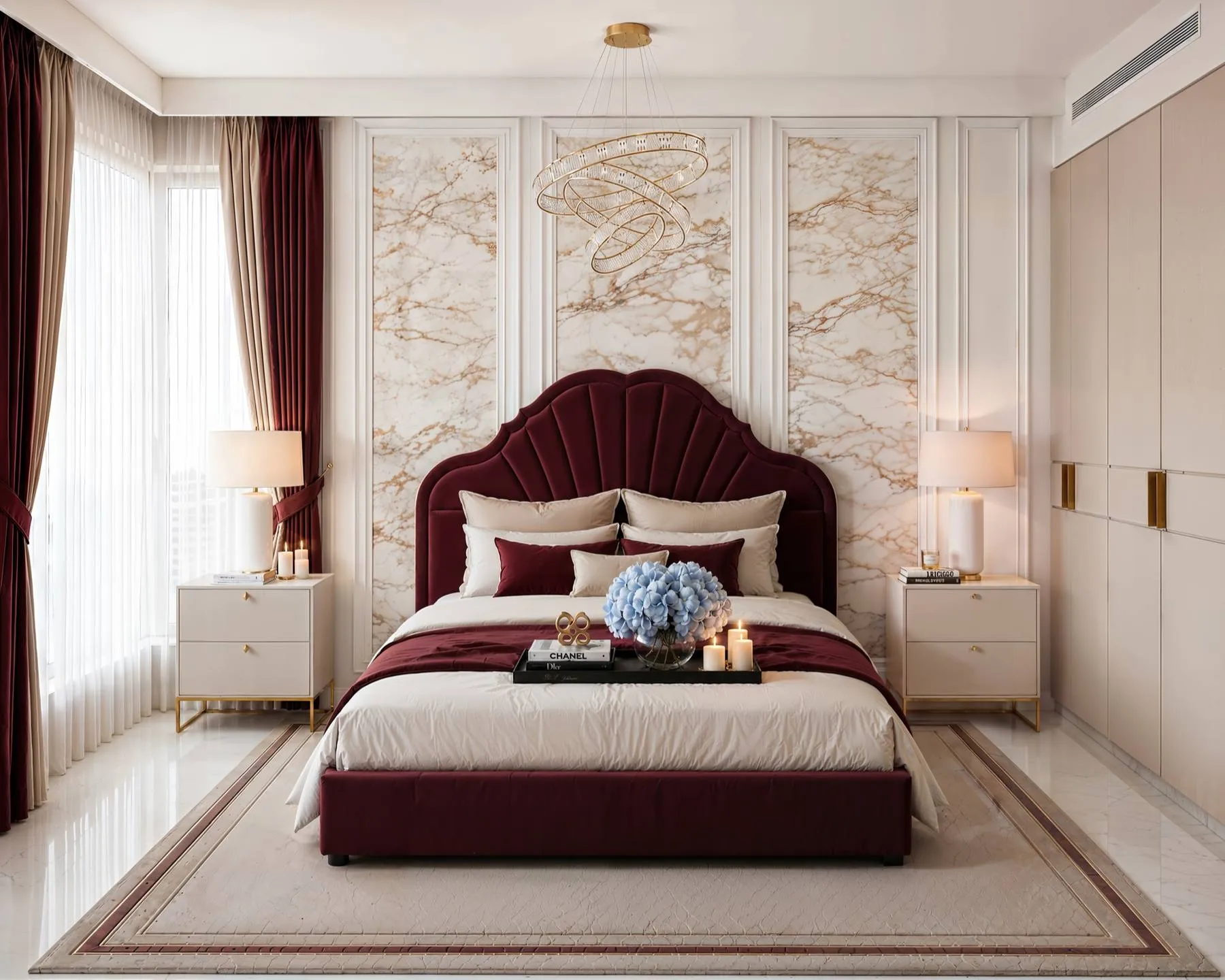 Townhouse bedroom with a marble feature wall