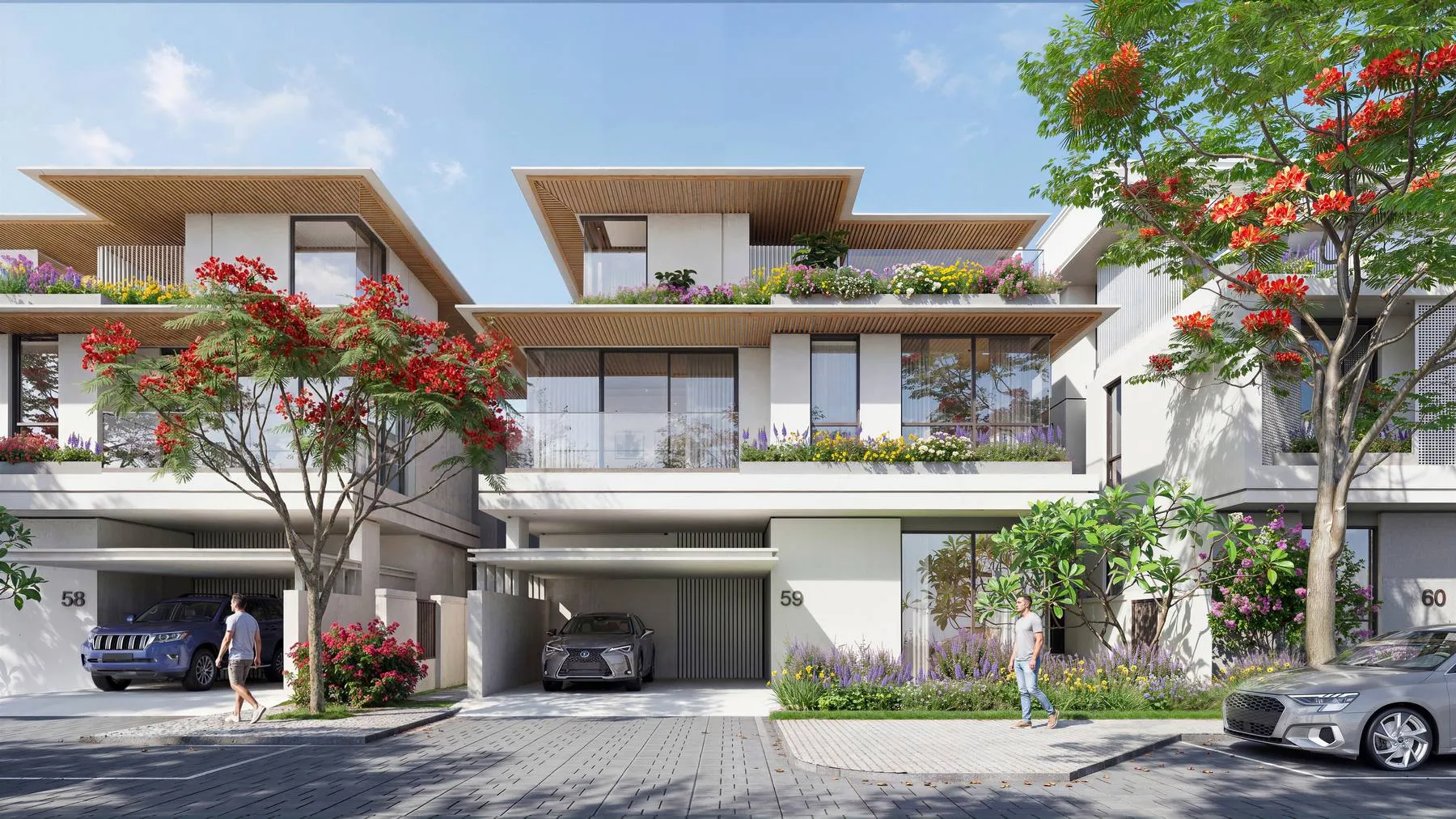 Front of a five-bedroom villa with flowering trees