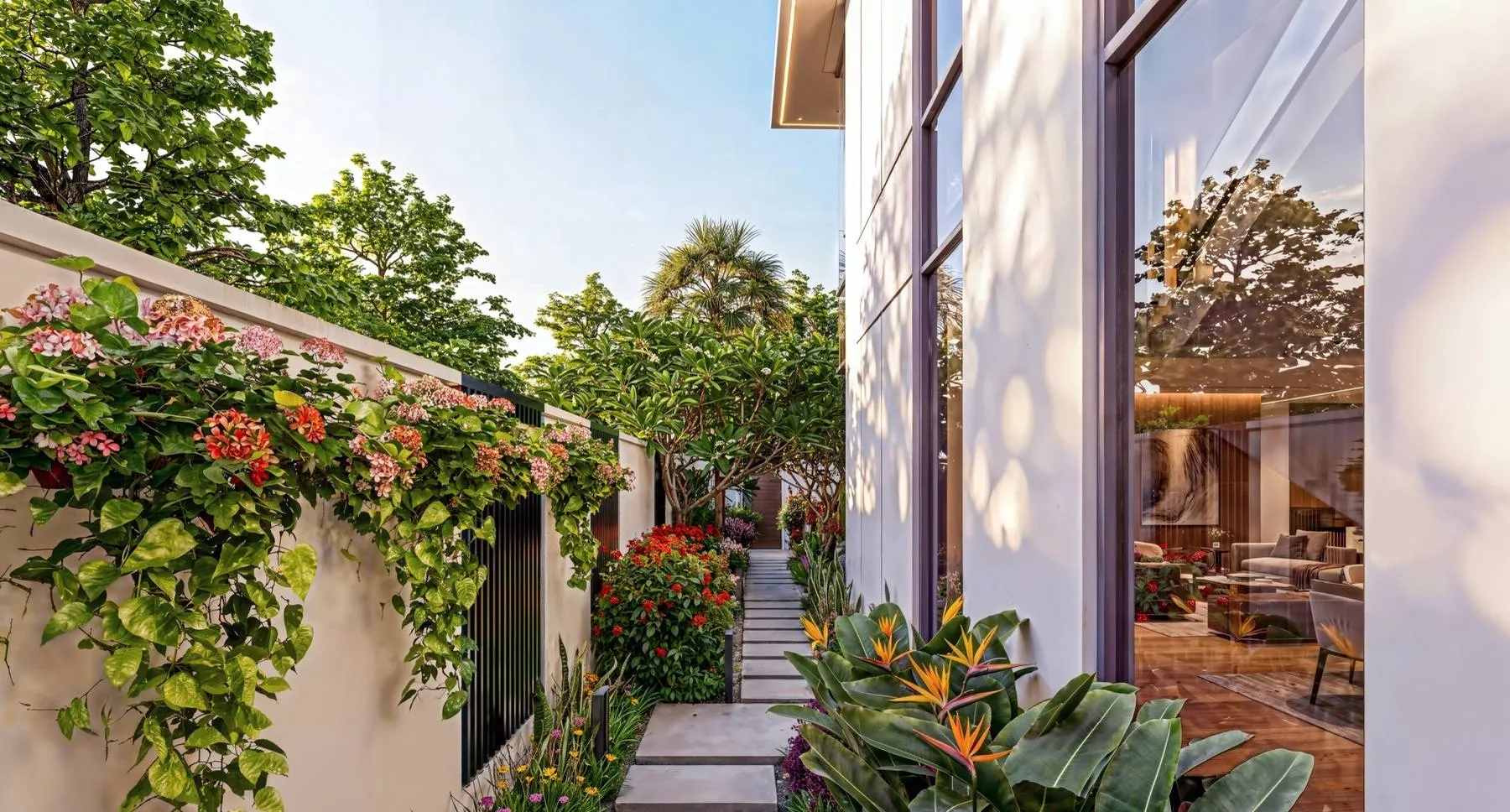 Villa side garden path with flowering planters
