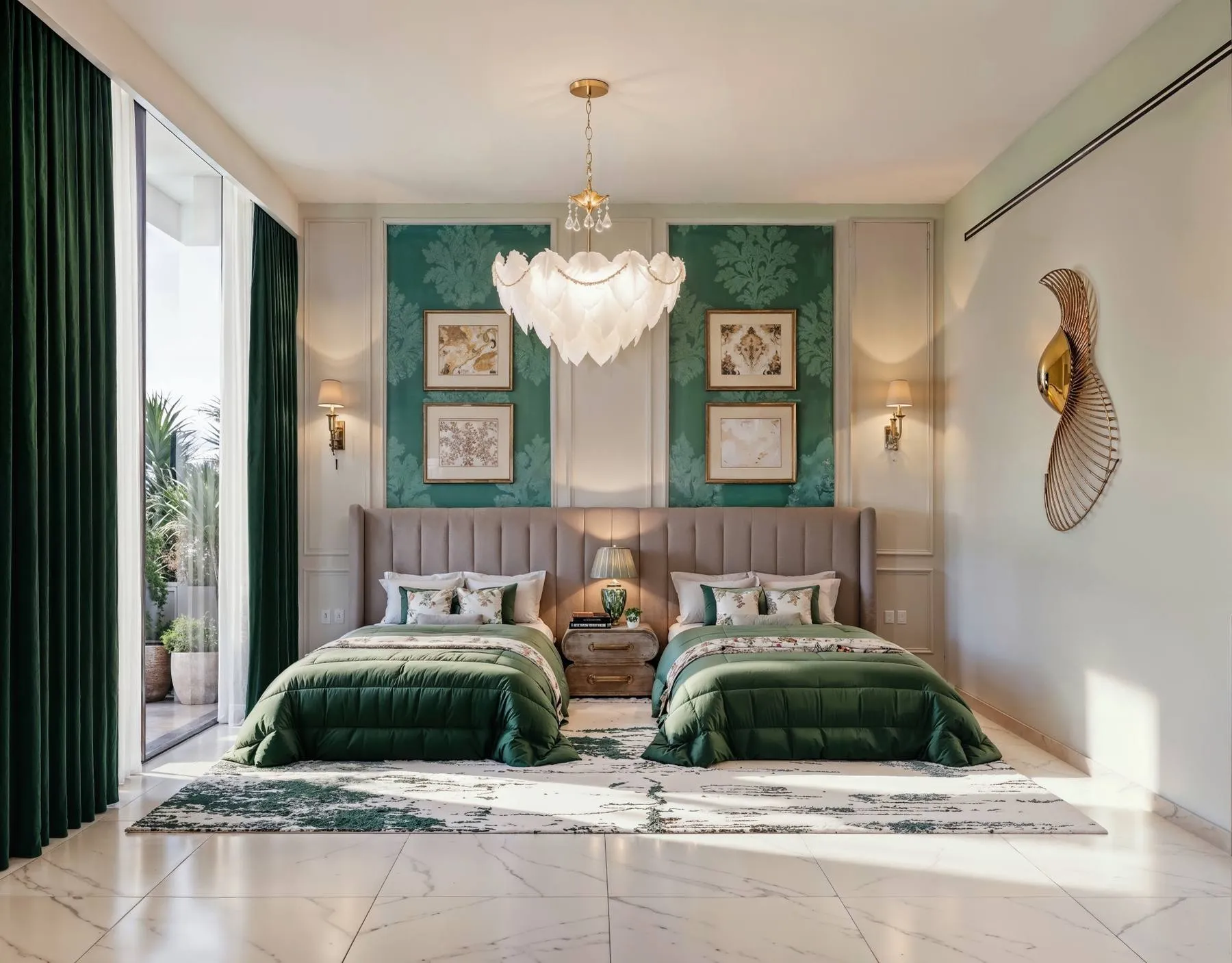 Villa twin bedroom with green bedding