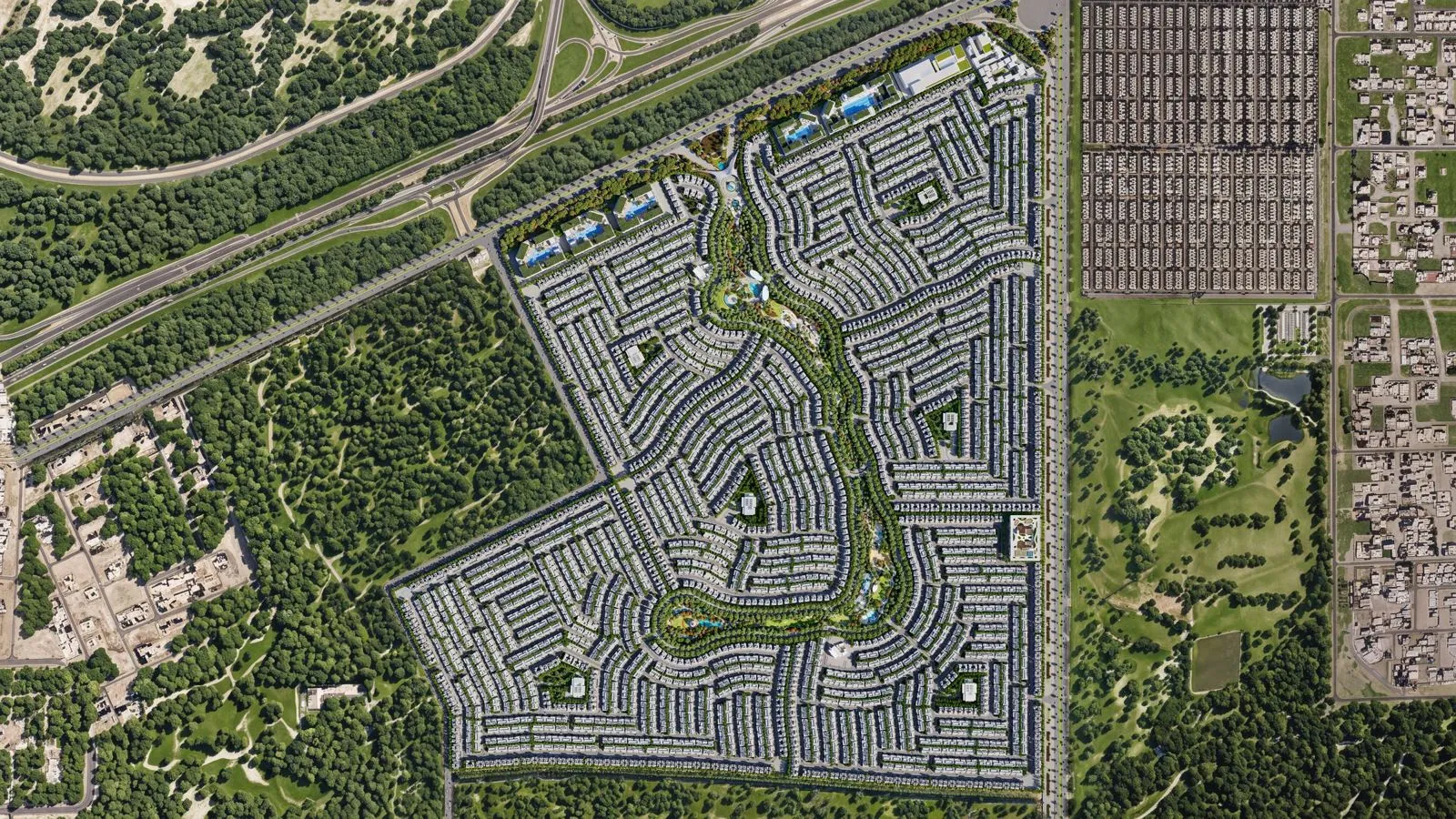 Top-down master plan render of Azizi Florence beside Emirates Road