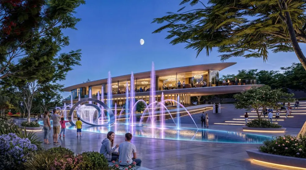 Illuminated fountains beside a clubhouse